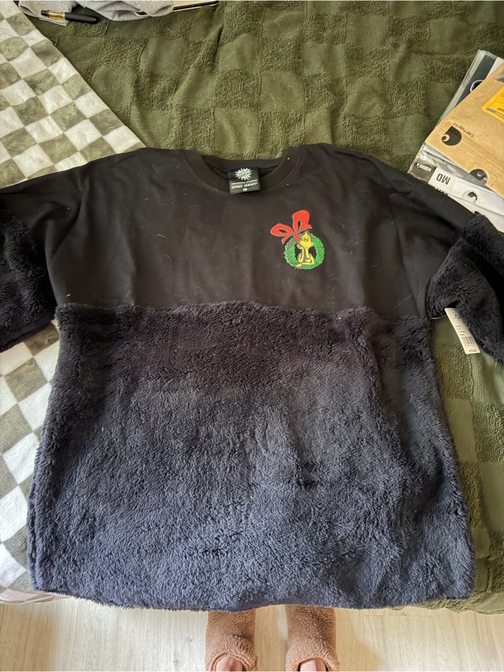 Universal Black Fuzzy Panel Long Sleeve Tee with Festive Wreath